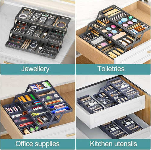 3 Tier Expandable Drawer Organizer Jewelry Trash Cosmetic Silverware Storage Fits Kitchen Desk Medicine Cabinet